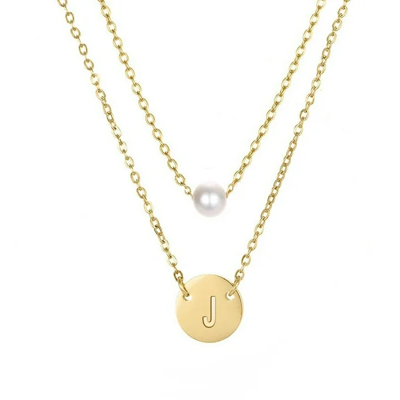 PYNZY Layered Initials Alphabet Necklace Disc Letters A-Z Coin Pearl Pendant Necklace for Women 14K Gold Plated Jewelry as Gift