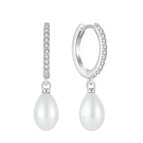 PYNZY Pearl Earrings for Women, Hoop dangle Earrings 925 Sterling Silver Cubic Zirconia Drop Earrings for Jewelry Gifts