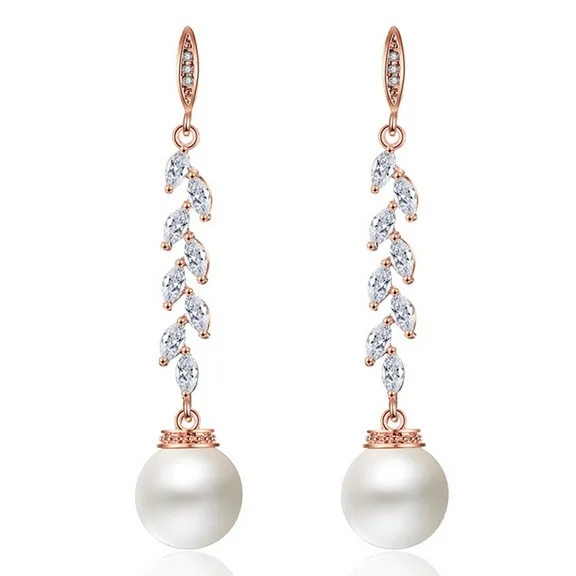 PYNZY Simulated Pearl for Brides Cubic Zirconia Jewelry Dangle Drop Earrings for Women Plated Rose Gold