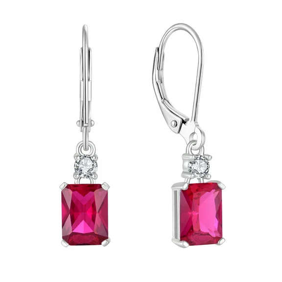 PYNZY Sterling Silver Leverback Earrings|8x6mm Dangle Earrings for Women Created Ruby Birthstone Jewelry|Wedding Earrings for Evening Wear
