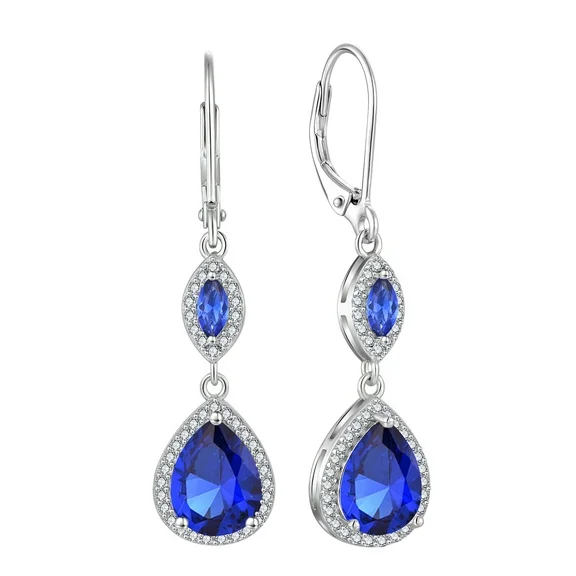 PYNZY Sterling Silver Wedding Earrings for Brides, Teardrop Dangle Created Sapphire Birthstones Earrings with Leverback for Women Jewelry Gifts