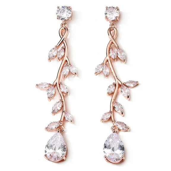 PYNZY Teardrop Dangle Bridal Earrings Rose Gold Plated for Women's Wedding Leaf Long Cubic Zirconia Jewelry Gift for Her