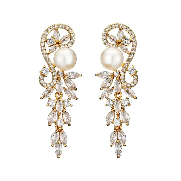 PYNZY Wedding Pearl Dangle Earrrings for Brides, Cubic Zirconia Flower Drop Earrings for Women Plated Rose Gold