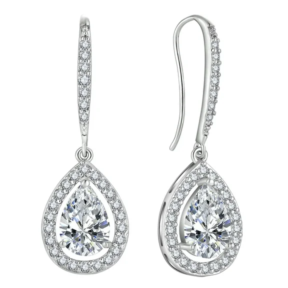 PYNZY White White Gold Plated Crystal Jewelry Earrings Women's Drop Dangle Teardrop Gift for Her