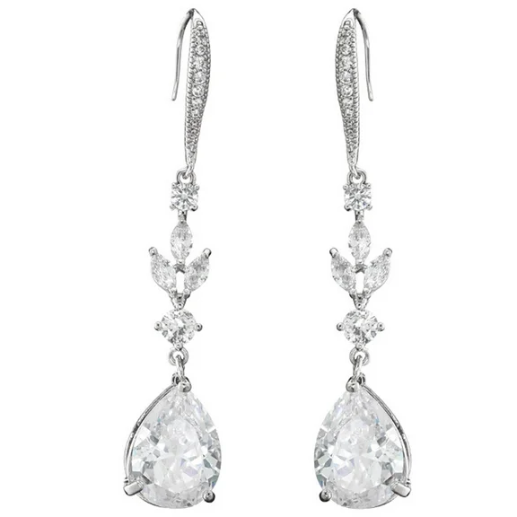 PYNZY Women's Dangle Drop Cubic Zirconia Jewelry Earrings white Gold Plated for Bride Wedding as Female Birthday Gifts