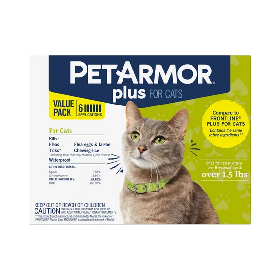 PetArmor Plus Flea & Tick Prevention for Cats (over 1.5 lbs), 6 Treatments