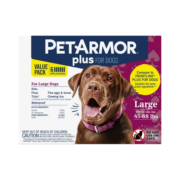 PetArmor Plus Flea & Tick Prevention for Large Dogs 45-88 lbs, 6 Month Supply, 6 Count