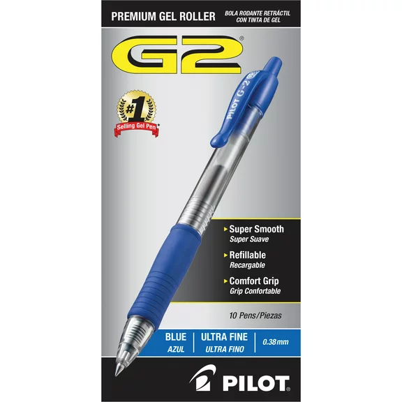 Pilot G2 Premium Gel Ink Pens, Ultra Fine Point, Blue, 10 Count