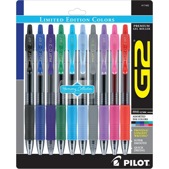 Pilot G2 Retractable Gel Ink Pens, Fine Point, Assorted Ink, 10 Count