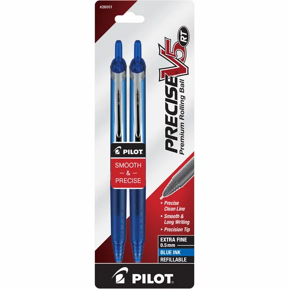 Pilot Precise V5 RT Pens, Extra Fine Pt, Rolling Ball, Blue, 2 CT