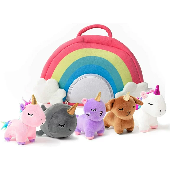 Pixie Crush Unicorn Toys Stuffed Animal Gift Plush Set with Rainbow Case – 5 Piece Stuffed Animals with 2 Unicorns, Kitty, Puppy, and Narwhal – Toddler Gifts for Girls Aged 3, 4, 5 ,6 ,7, 8 yr olds