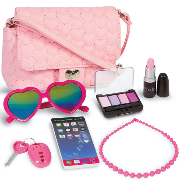 PixieCrush Pretend Play Purse &amp; Makeup for Girls - Fun Little Girl Cosmetics Toys Set with Pretend Makeup, Eyeshadow, Cell Phone, Kids Lipstick, Sunglasses &amp; Keys