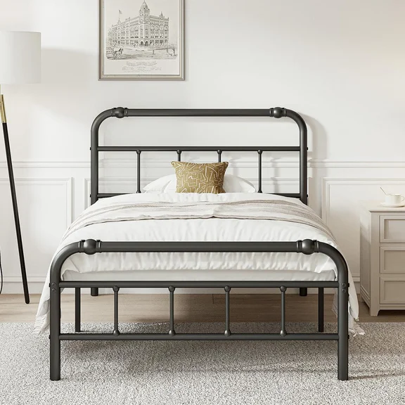QFTIME Twin Bed Frame with Headboard, Vintage Style, Heavy-Duty Metal Platform Bed Frame with 18" High, Non-Slip and Noise-Free, No Box Spring Needed, Black