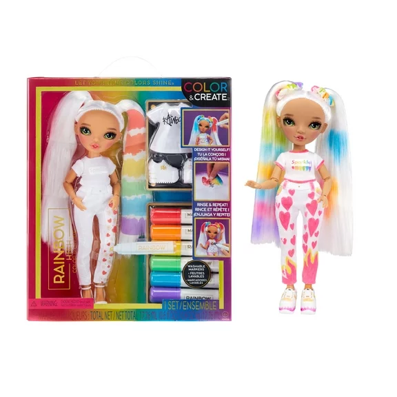 Rainbow High Color & Create Fashion DIY Doll, Washable Rainbow Markers, Green Eyes, Straight Hair, Pig Tails, Play, Rinse, Repeat. Creative Toy Gift. Kids 4-12