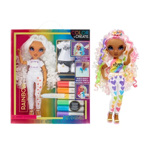 Rainbow High Color & Create Fashion DIY Doll with Washable Rainbow Markers, Purple Eyes, Curly Hair, Bonus Top & Shoes. Color, Create, Play, Rinse, Repeat. Creative, Easy Kids Gift