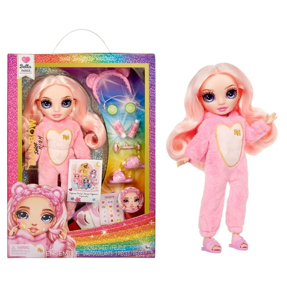 Rainbow High Jr High PJ Party Bella, Pink 9” Posable Doll, Soft Onesie, Slippers, Play Accessories, Kids Toy Ages 4-12