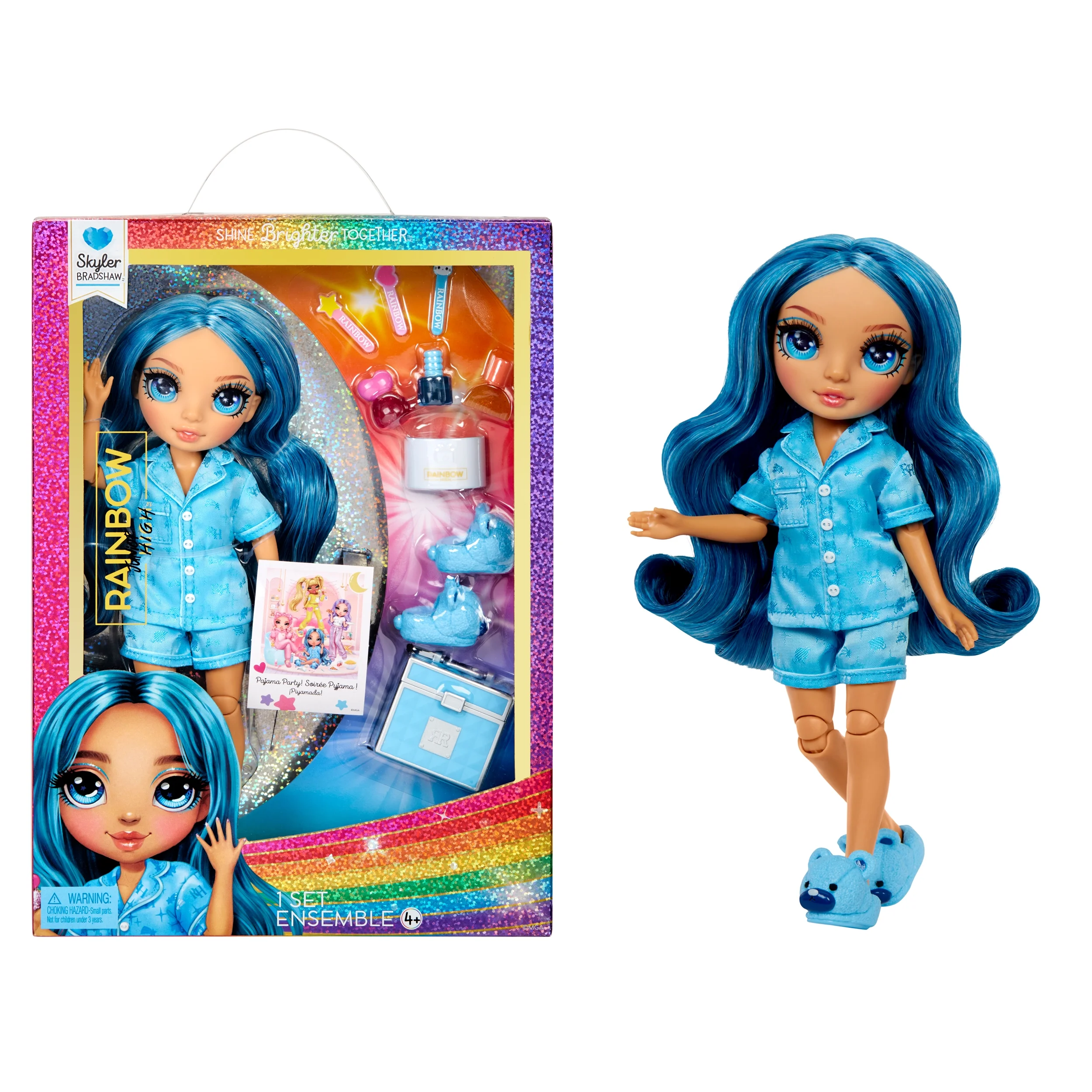 Rainbow High Jr High PJ Party Skyler, Blue 9” Posable Doll, Soft Onesie, Slippers, Play Accessories, Kids Toy Ages 4-12