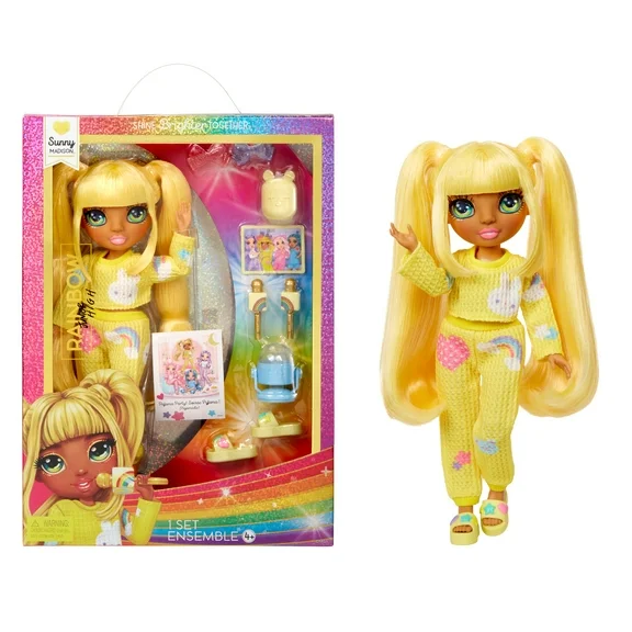 Rainbow High Jr High PJ Party Sunny, Yellow 9” Posable Doll, Soft Onesie, Slippers, Play Accessories, Kids Toy Ages 4-12