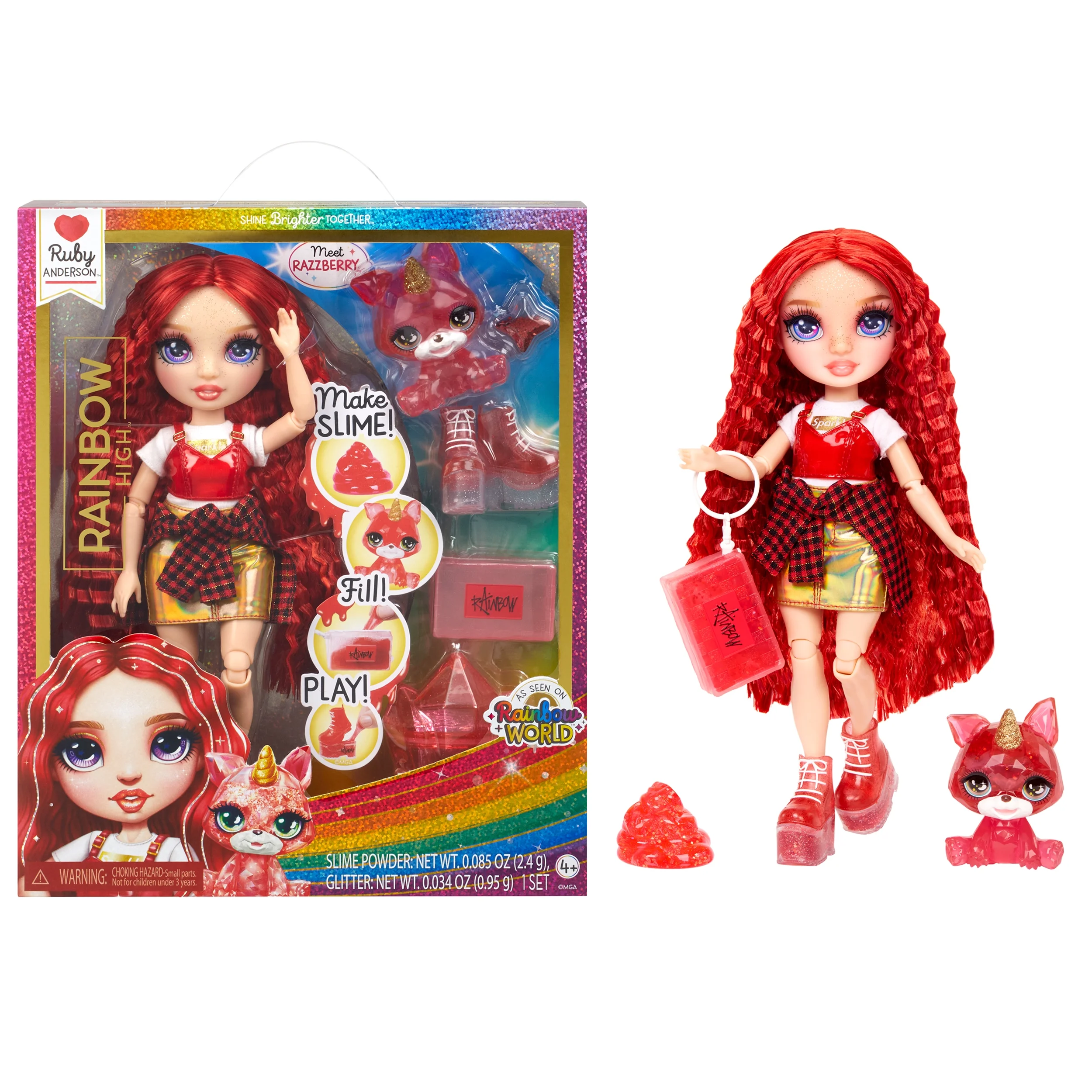 Rainbow High Ruby, Red with Yeti Pet, 11” Doll, DIY Sparkle Slime Kit, Fashion Accessories, Kids Gift 4-12