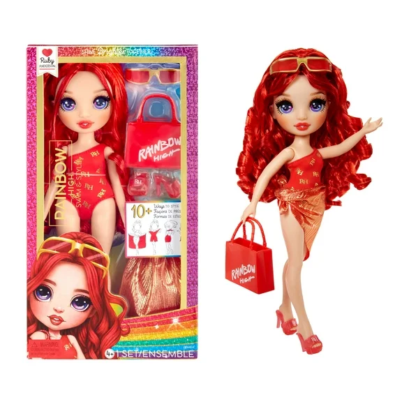 Rainbow High Swim & Style Ruby, Red 11” Doll, Removable Swimsuit, Wrap, Sandals, Fun Play Accessories. Kids Toy Gift Ages 4-12
