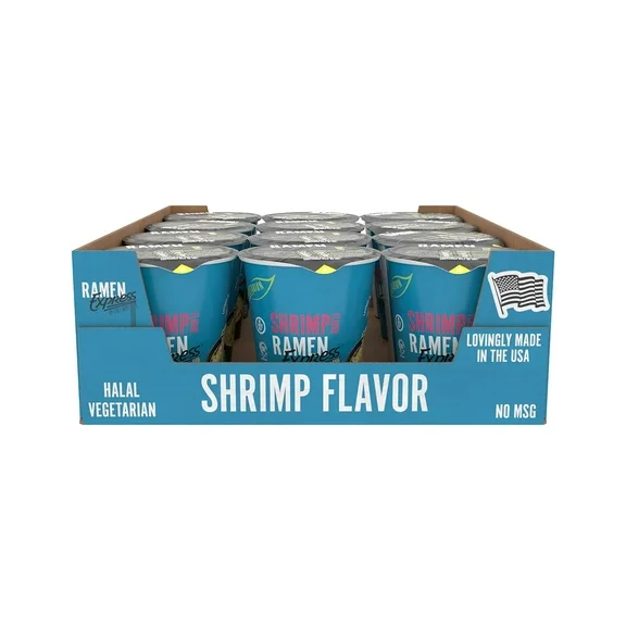 Ramen Express Shrimp Flavor Ramen Noodles by Chef Woo, Vegan, Halal, Kosher, 2.25 oz Cup, 12 cups