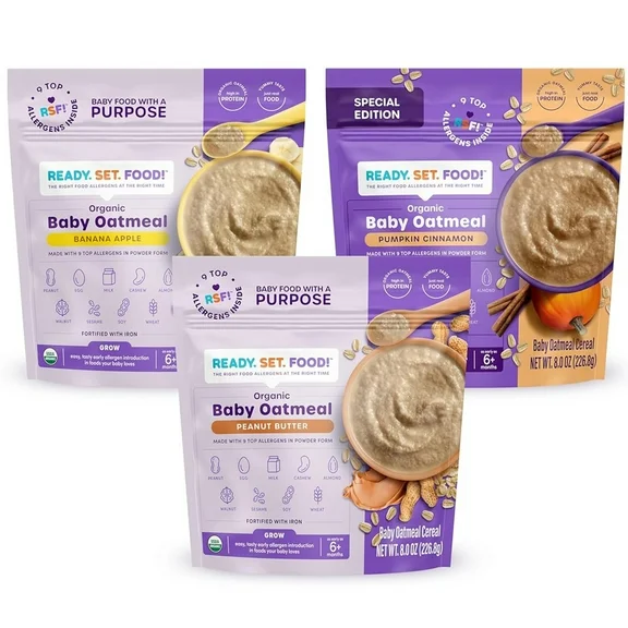 Ready, Set, Food! Organic Baby Cereal Oatmeal, 9 Top Allergens, Banana Apple, Peanut Butter, and Pumpkin Cinnamon Variety Pack