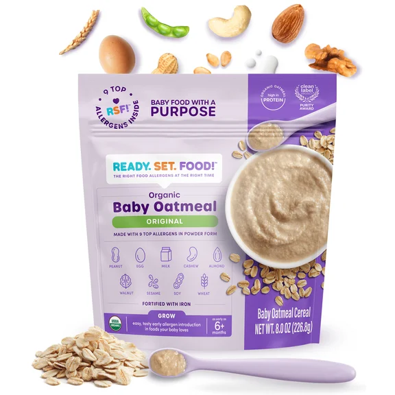 Ready, Set, Food! Organic Baby Cereal Oatmeal, 9 Top Allergens, Original, Baby Food Stage 3, 8 oz