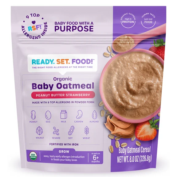 Ready, Set, Food! Organic Baby Oatmeal, 9 Top Allergens, Peanut Butter Strawberry, Stage 3, 8 oz