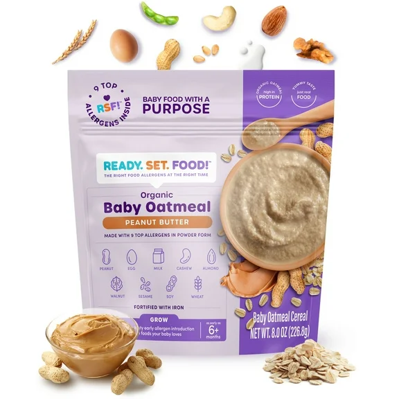Ready, Set, Food! Organic Early Allergen Introduction Baby Oatmeal, Peanut Butter, 8 oz
