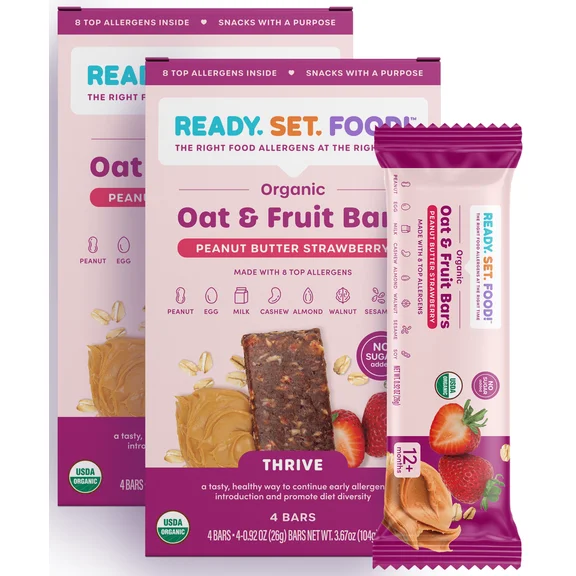 Ready, Set, Food! Organic Oat & Fruit Bar, Toddler Snack with 8 Top Allergens, Peanut Butter Strawberry, 2 Pack