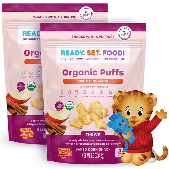 Ready, Set, Food! x Daniel Tiger Organic Apple Cinnamon Baby Puffs with 9 Top Allergens, No Sugar Added, 2 Pack