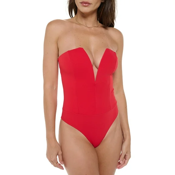 Red Large Size Women's Strapless Deep V-Neck Bodysuit, Sexy Casual Cute Going Out Top Body Suit, Trendy Spring Summer 2024