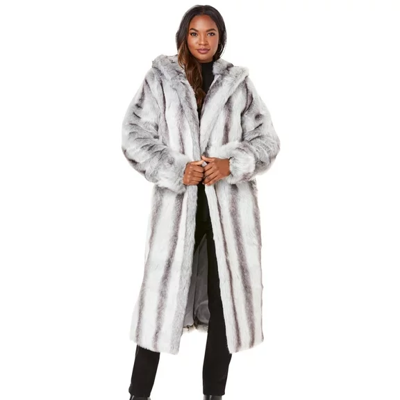 Roaman's Women's Plus Size Full Length Faux-Fur Coat With Hood - 3X, Chinchilla