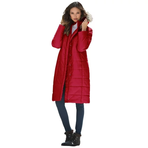 Roaman's Women's Plus Size Mid-Length Quilted Puffer Jacket - L, Classic Red