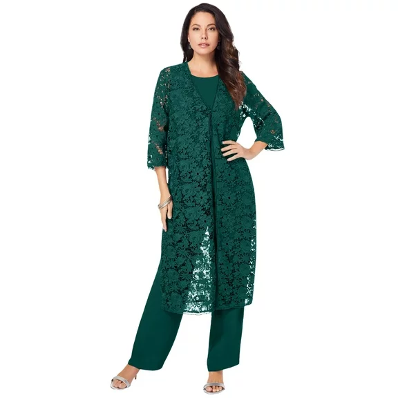 Roaman's Women's Plus Size Three-Piece Lace Duster & Pant Suit - 24 W, Emerald Green