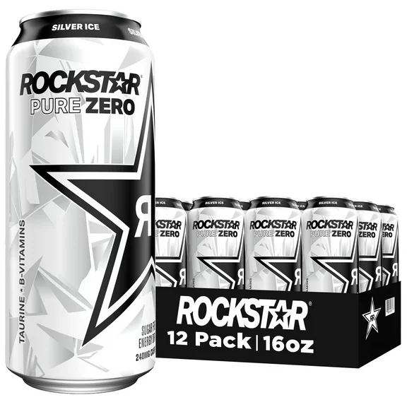 Rockstar Pure Zero Energy Drink, Silver Ice, 16 fl oz, 12 Cans