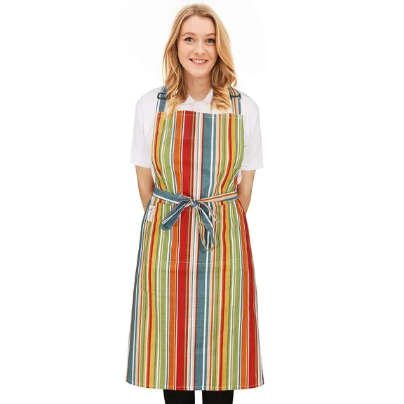 Ruvanti Cute 100% Cotton Aprons for Women with Pockets Adjustable up to XXL, Cooking, Baking, Kitchen, Server, Chef Apron-Multi Stripe - Machine washable