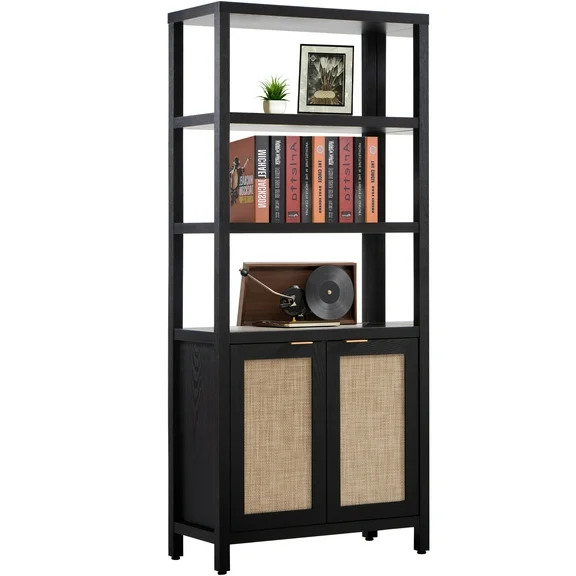 SICOTAS 5 Tier Bookshelf, Farmhouse 5 Shelf Bookcase with Doors Library Storage Cabinet Black Bookcase for Home Office