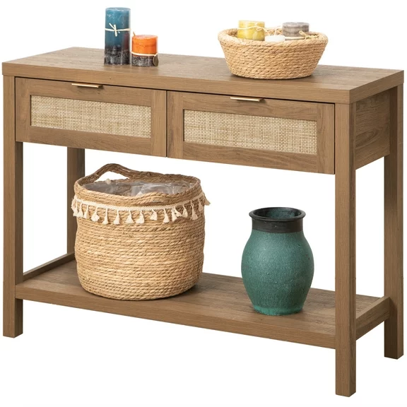SICOTAS Rattan Console Table with Drawers, Wood Narrow Sofa Table Entryway Table for Hallway, Living Room