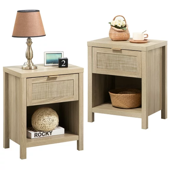 SICOTAS Rattan Nightstand Set of 2 with Drawer and Storage Bedside Table End Table Side Table Accent Table for Bedroom Living Room, Natural