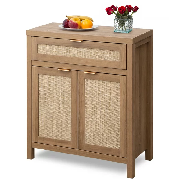 SICOTAS Sideboard Buffet Cabinet, Rattan Storage Cabinet with Doors, Accent Table Console Cabinet with Drawer for Kitchen Living Room, Oak