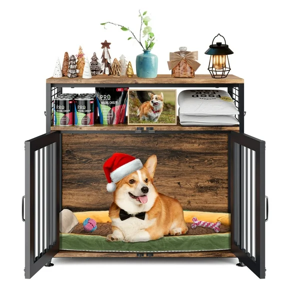 SLSY Dog Crate Furniture, 33 inch Wooden Dog Crate with Double Doors, Heavy-Duty Dog Cage End Table with Multi-Purpose Removable Tray, Modern Dog Kennel Indoor for Dogs up to 45lb