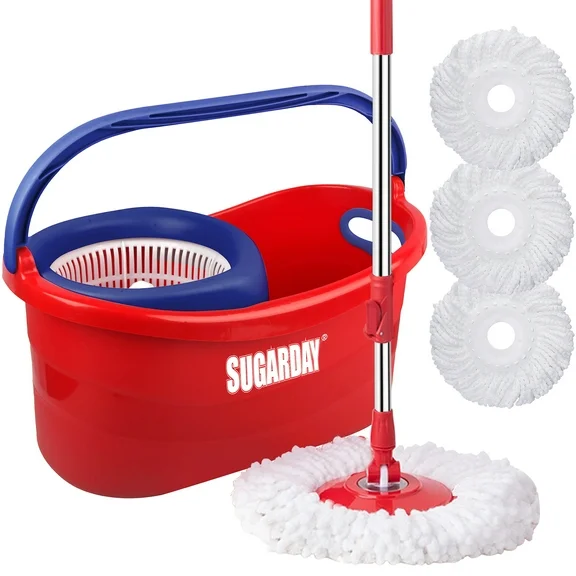 SUGARDAY Spin Mop and Bucket System with Wringer Set for Floors Red