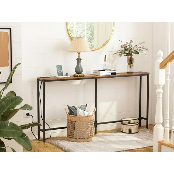 SUPERJARE Console Table with Power Outlets, 63 inch Sofa Table, Narrow Entryway Table with Metal Frame, Behind Couch Table for Entryway, Living Room, Plants, Rustic Brown