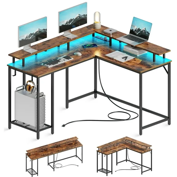SUPERJARE L Shaped Desk with Outlets & USB Ports, Gaming Desk with LED Light Strip, Corner Computer Desk, L Office Desk, Monitor Stand, Hooks, and Storage Shelves, Vintage Brown
