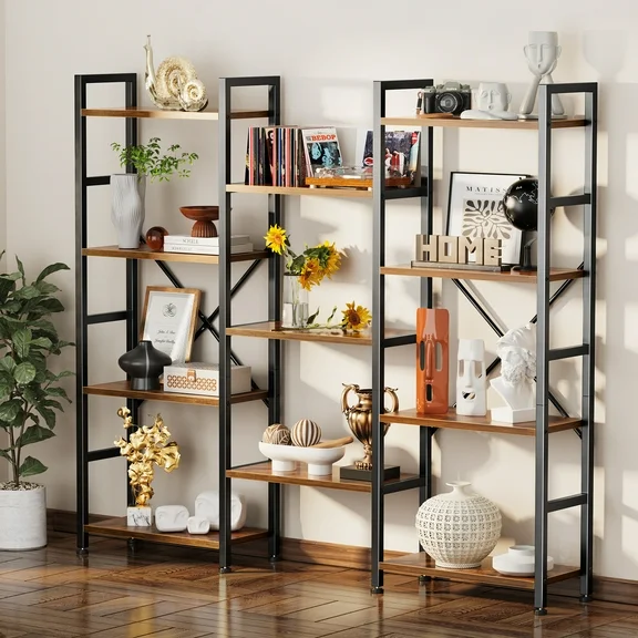 SUPERJARE Triple 4 Tier Bookshelf, Bookcase with 11 Open Display Shelves, Industrial Metal Wide Book Shelf Book Case for Living Room, Rustic Brown