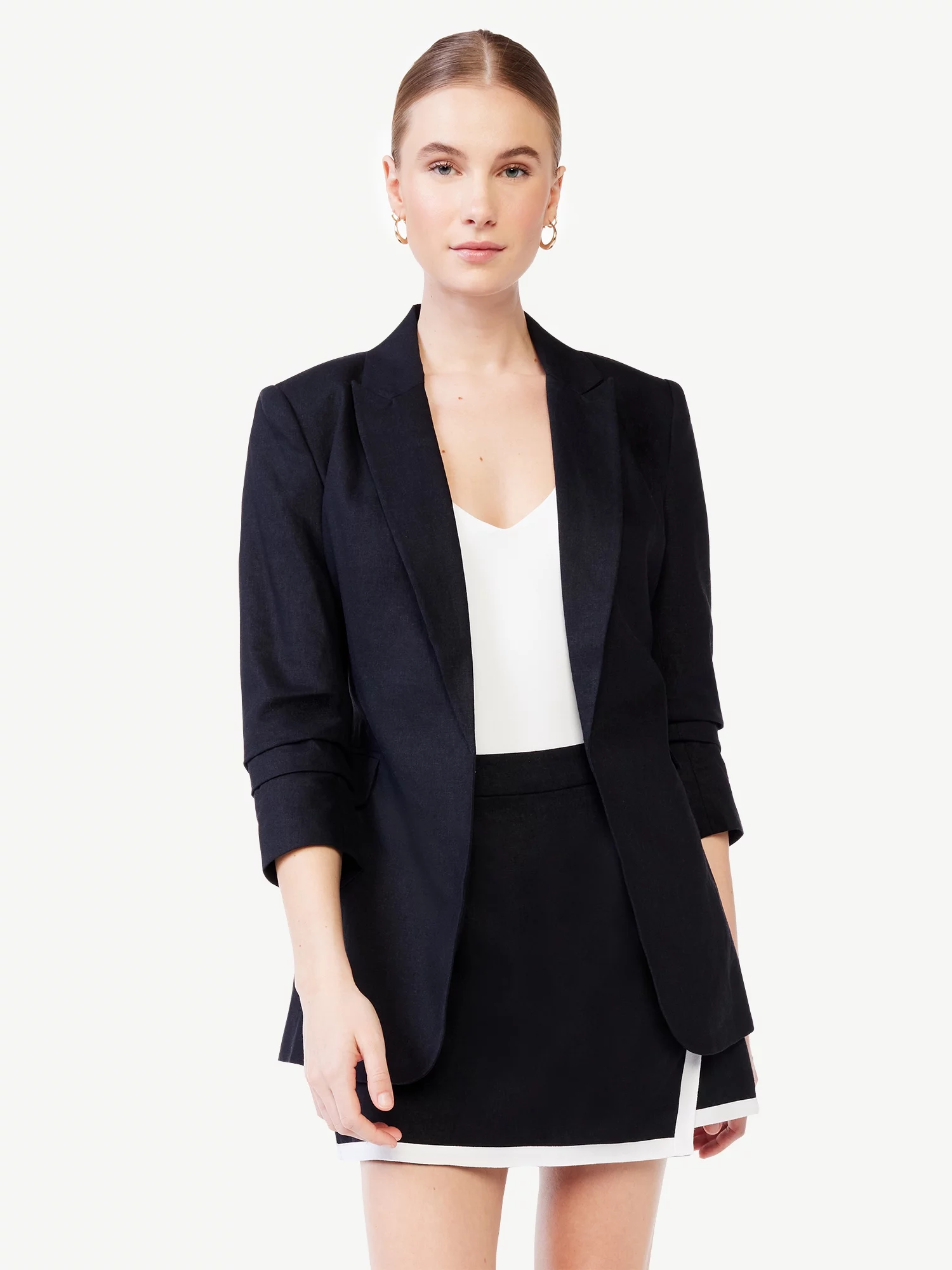 Scoop Women's Linen-Blend Open Front Blazer with Tie Back and 3/4 Scrunch Sleeves