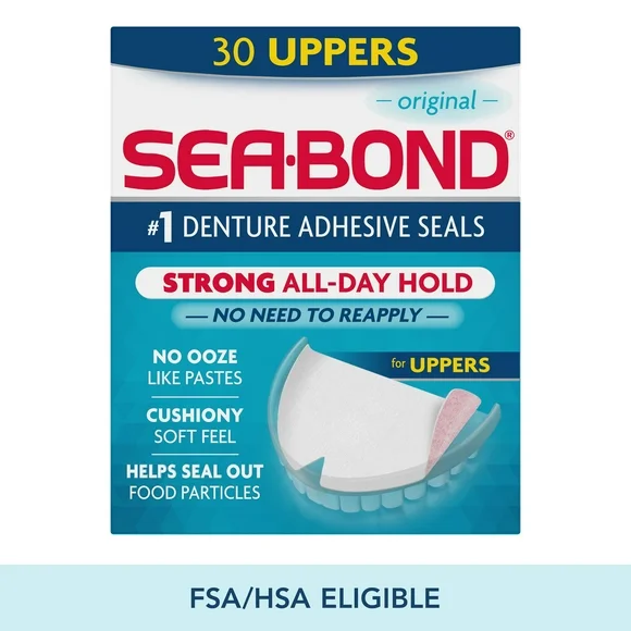 Sea Bond Upper Secure Denture Adhesive Seals, For an All Day Strong Hold, Original Flavor Seals, 30 Count