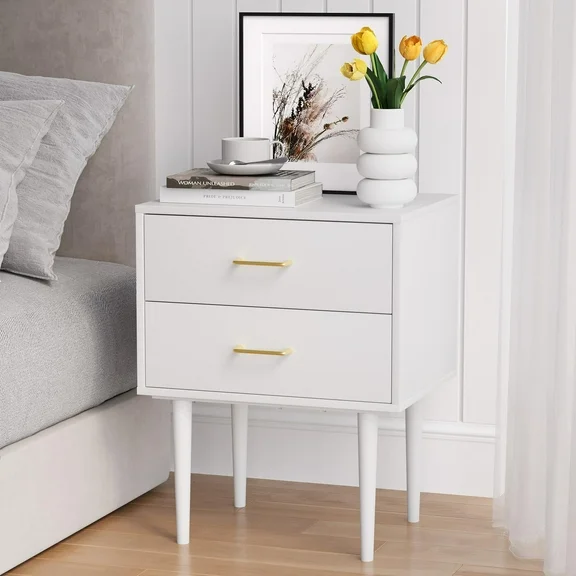 Semiocthome Modern 2 Drawers Nightstand,Classic Bedside Table for Bedroom in White, Adult,Sturdy Wood