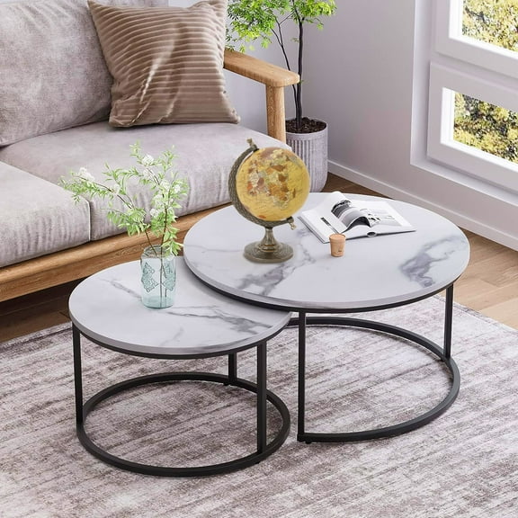 Semiocthome Modern Round Nesting Coffee Table Set,End Table Metal Frame for Living Room,31.5",White